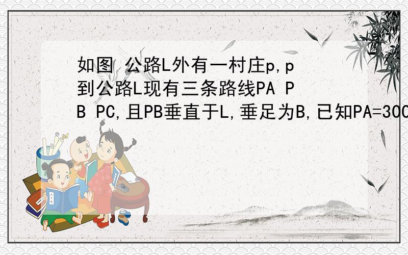 如图 公路L外有一村庄p,p到公路L现有三条路线PA PB PC,且PB垂直于L,垂足为B,已知PA=300米,PB=200米,PC=400米,现在村民想修一条最近的水泥路到公路L.