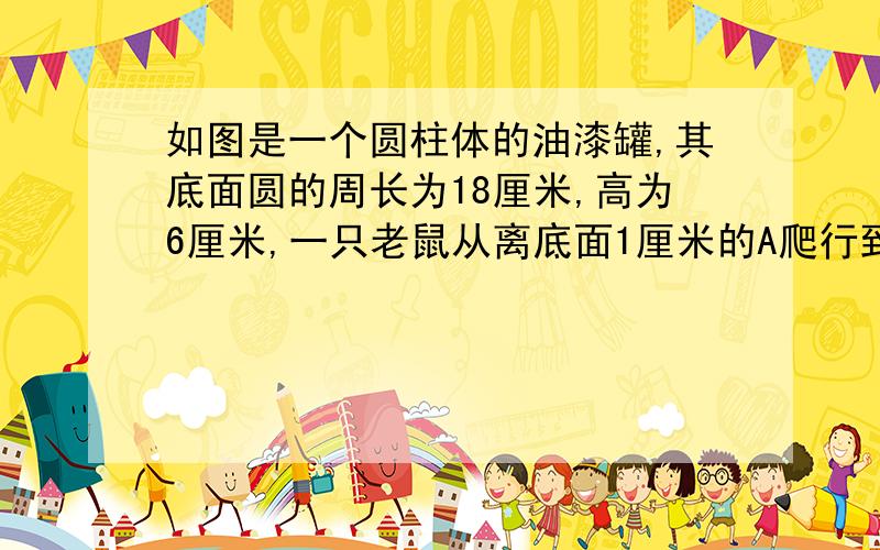 如图是一个圆柱体的油漆罐,其底面圆的周长为18厘米,高为6厘米,一只老鼠从离底面1厘米的A爬行到B处吃食,请你找出它爬行的最短路线?