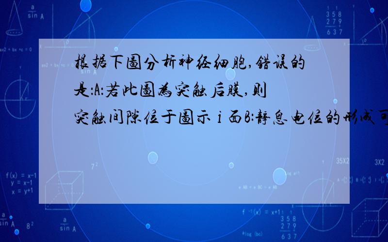 根据下图分析神经细胞,错误的是：A：若此图为突触后膜,则突触间隙位于图示 i 面B:静息电位的形成可能与膜上的③等载体有关C：此图可表示突触小泡膜D：若将神经膜的磷脂层平展在空气-