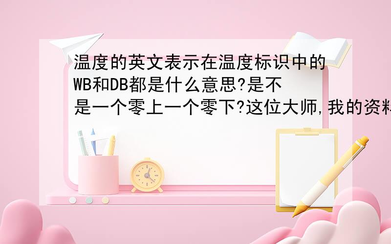 温度的英文表示在温度标识中的WB和DB都是什么意思?是不是一个零上一个零下?这位大师,我的资料里是这样标注的:DB 60/70/75/80     WB 72/67/62/57应该是指温度吧?华氏温度.那WB和DB是不是零上和零