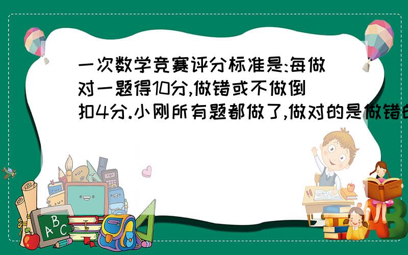 一次数学竞赛评分标准是:每做对一题得10分,做错或不做倒扣4分.小刚所有题都做了,做对的是做错的2倍,一共得了64分.这份试卷一共有都少题?不用方程,用计算.快,