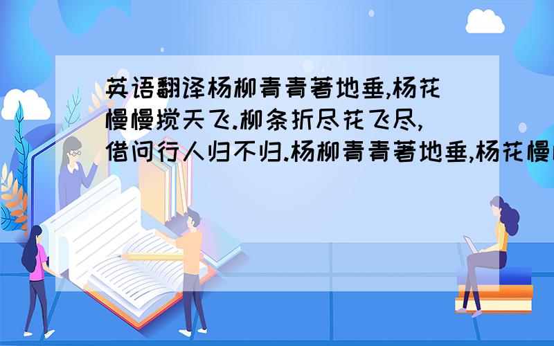 英语翻译杨柳青青著地垂,杨花慢慢搅天飞.柳条折尽花飞尽,借问行人归不归.杨柳青青著地垂,杨花慢慢搅天飞.柳条折尽花飞尽,借问行人归不归.的翻译,快我有急用!1