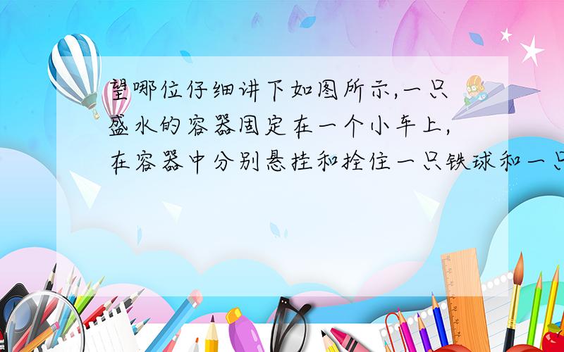 望哪位仔细讲下如图所示,一只盛水的容器固定在一个小车上,在容器中分别悬挂和拴住一只铁球和一只乒乓球.容器中的水和铁球、乒乓球都处于静止状态.当容器随小车突然向右运动时,两球