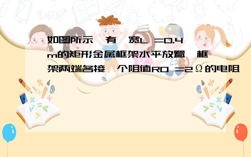 如图所示,有一宽L =0.4m的矩形金属框架水平放置,框架两端各接一个阻值R0 =2Ω的电阻,框架的其他部分电阻不计,框架足够长．垂直于金属框平面有一向下的匀强磁场,磁感应强度B=1.0T．金属杆ab