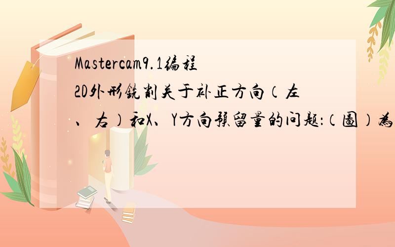 Mastercam9.1编程2D外形铣削关于补正方向（左、右）和X、Y方向预留量的问题：（图）为边长为20的矩形,铣刀为直径12的平刀.当方向左补,X、Y预留2时,刀具路径物体边界外面偏2个；当方向左补,X