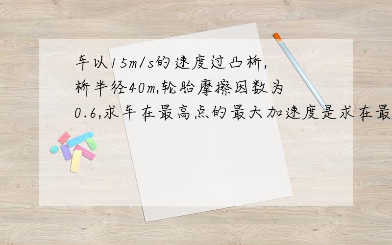 车以15m/s的速度过凸桥,桥半径40m,轮胎摩擦因数为0.6,求车在最高点的最大加速度是求在最高点时水平方向的最大加速度