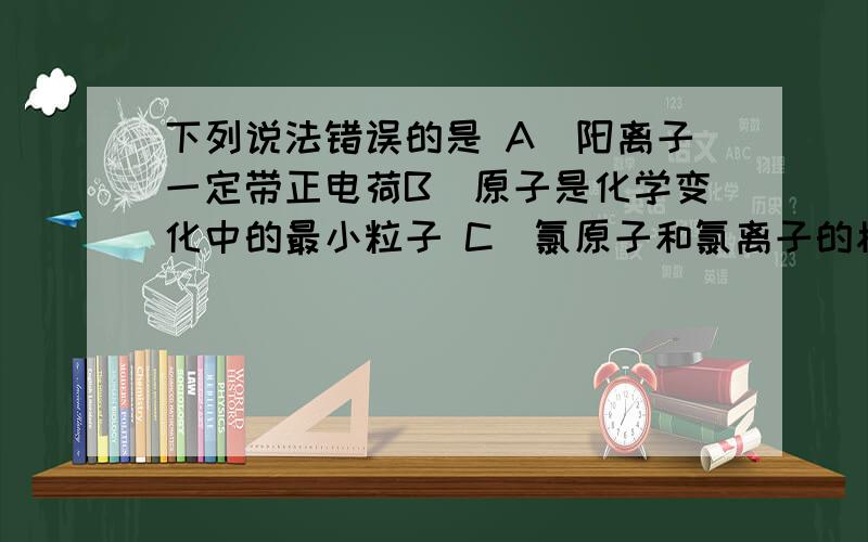 下列说法错误的是 A．阳离子一定带正电荷B．原子是化学变化中的最小粒子 C．氯原子和氯离子的核内质子数相同 D．分子在化学反应前后种类和数目不变