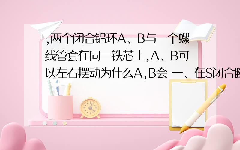 ,两个闭合铝环A、B与一个螺线管套在同一铁芯上,A、B可以左右摆动为什么A,B会 一、在S闭合瞬间,A、 B 相吸的同时,由于螺旋管（电源线圈）产生的外磁场作用,A、 B还将同时向螺旋管的反方向