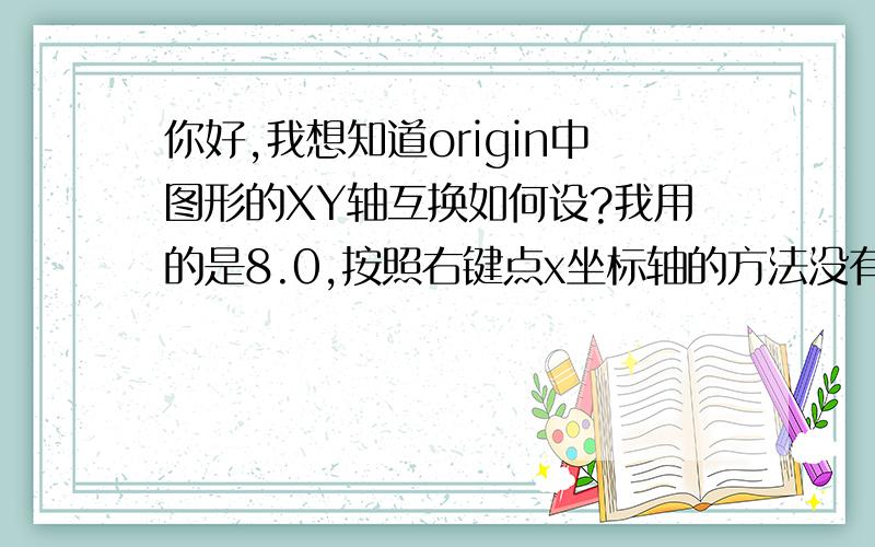 你好,我想知道origin中图形的XY轴互换如何设?我用的是8.0,按照右键点x坐标轴的方法没有set as Y选项,如何设?