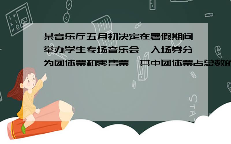 某音乐厅五月初决定在暑假期间举办学生专场音乐会,入场券分为团体票和零售票,其中团体票占总数的三分之二,若提前购票,则给予不同程度的优惠,在五月份内,团体票每张12元,共售出团体票