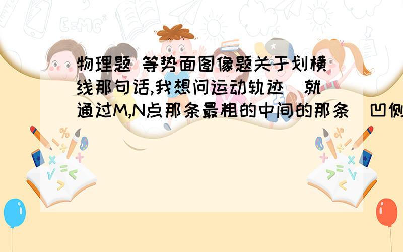 物理题 等势面图像题关于划横线那句话,我想问运动轨迹（就通过M,N点那条最粗的中间的那条）凹侧不是左右方向的么,为什么电场线与运动轨迹一个走向（都是纵向的）?PS：如果不理解我的