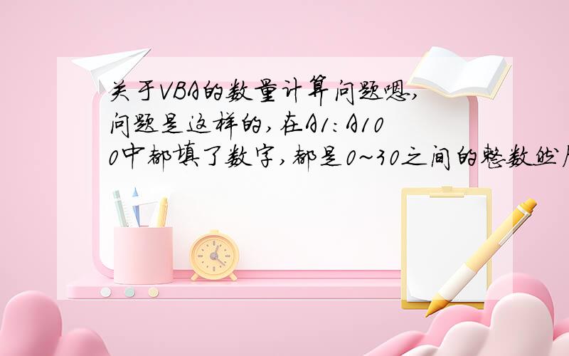 关于VBA的数量计算问题嗯,问题是这样的,在A1：A100中都填了数字,都是0~30之间的整数然后想要计算总共有多少个数据用的是application.worksheetfuncion.count(range(