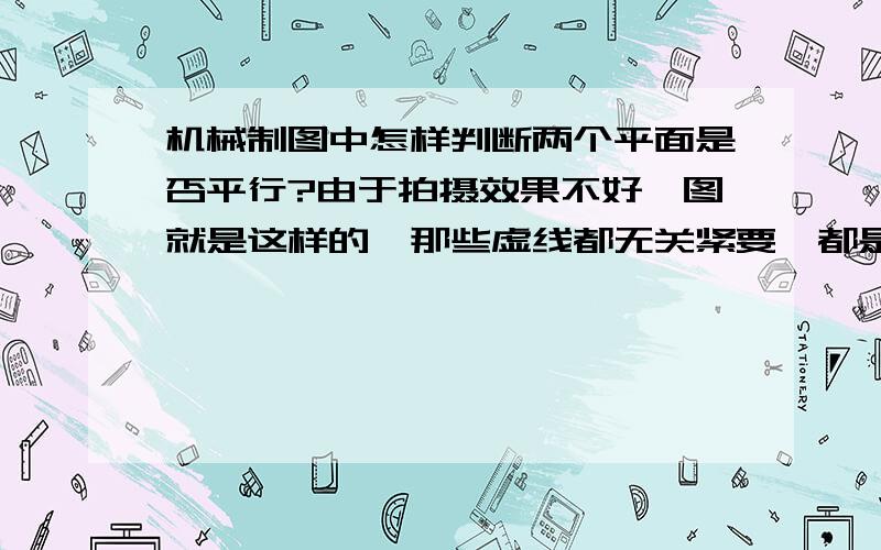 机械制图中怎样判断两个平面是否平行?由于拍摄效果不好,图就是这样的,那些虚线都无关紧要,都是边界线,和投影线.麻烦大家告诉我这个东西到底是怎样判定的也?