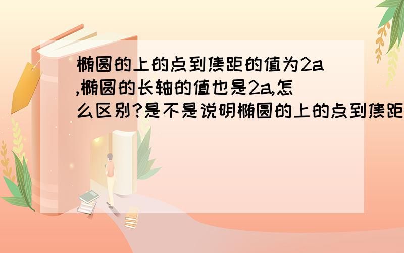 椭圆的上的点到焦距的值为2a,椭圆的长轴的值也是2a,怎么区别?是不是说明椭圆的上的点到焦距的值就等于椭椭圆的上的点到焦距的值为2a，椭圆的长轴的值也是2a,怎么区别？是不是说明椭圆