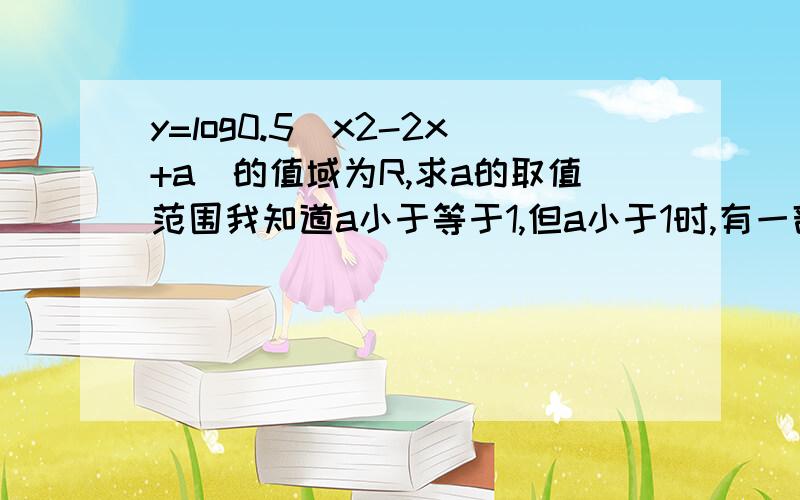 y=log0.5(x2-2x+a)的值域为R,求a的取值范围我知道a小于等于1,但a小于1时,有一部分的值是负的怎么办.