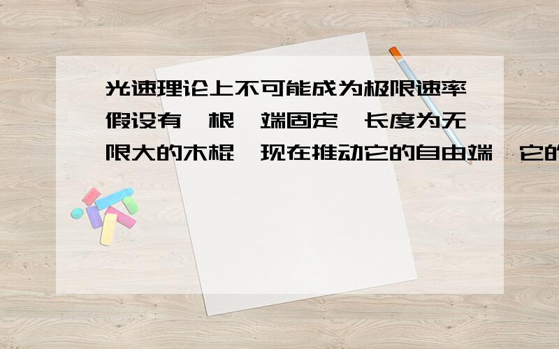 光速理论上不可能成为极限速率假设有一根一端固定,长度为无限大的木棍,现在推动它的自由端,它的自由端运行速度就应该是无限大.