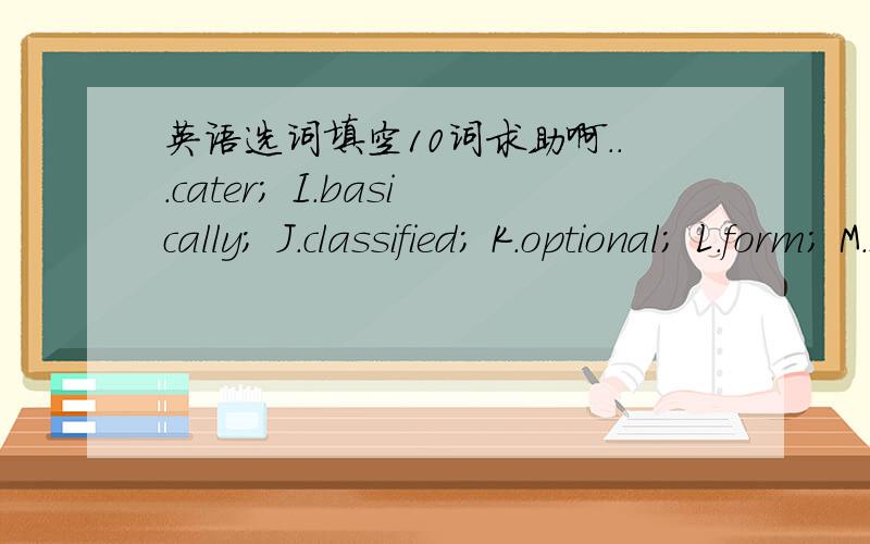 英语选词填空10词求助啊...cater; I.basically; J.classified; K.optional; L.form; M.scope; N.defined; O.finally