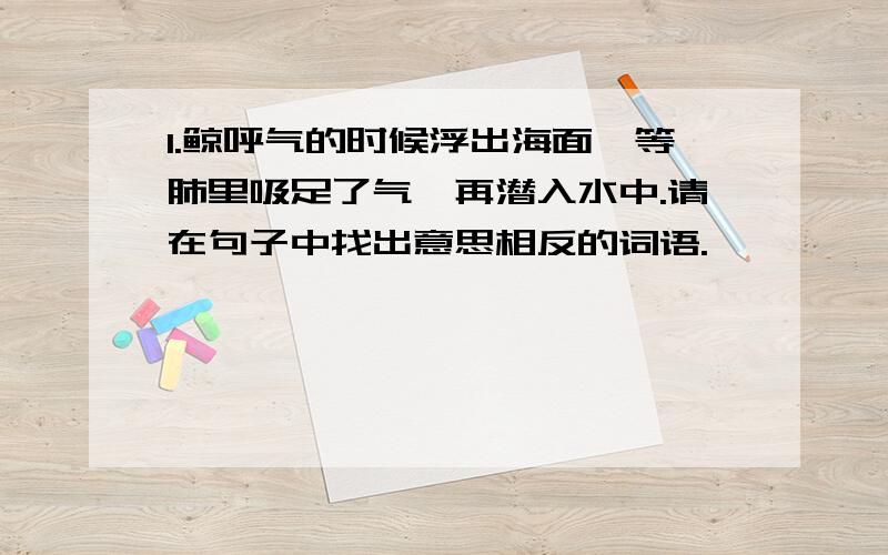 1.鲸呼气的时候浮出海面,等肺里吸足了气,再潜入水中.请在句子中找出意思相反的词语.