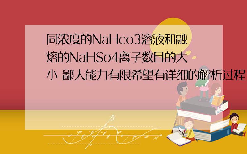 同浓度的NaHco3溶液和融熔的NaHSo4离子数目的大小 鄙人能力有限希望有详细的解析过程 谢过