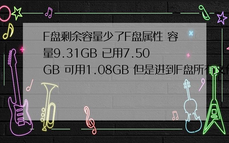 F盘剩余容量少了F盘属性 容量9.31GB 已用7.50GB 可用1.08GB 但是进到F盘所有文件大小一共为4.38GB 显示隐藏文件后 4.40GB 少的那些去哪里了?（以上磁盘清理后的数据）