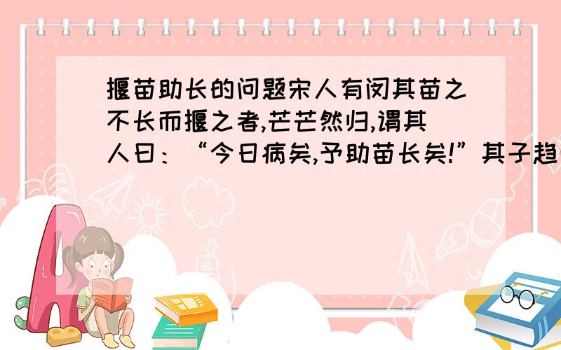 揠苗助长的问题宋人有闵其苗之不长而揠之者,芒芒然归,谓其人曰：“今日病矣,予助苗长矣!”其子趋而往视之,苗则槁矣.天下之不助苗长者寡矣!以为无益而舍之者,不耘苗者也；助之长者,揠