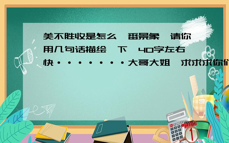 美不胜收是怎么一番景象,请你用几句话描绘一下,40字左右快·······大哥大姐,求求求你们了,不然小妹就·······