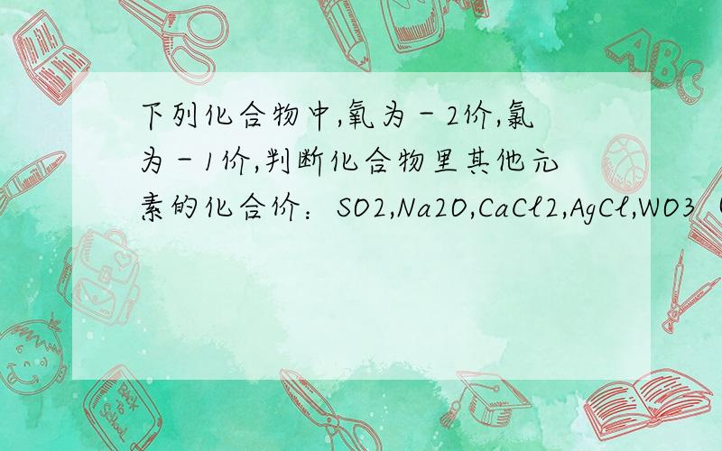 下列化合物中,氧为－2价,氯为－1价,判断化合物里其他元素的化合价：SO2,Na2O,CaCl2,AgCl,WO3（注意数字是小写的）