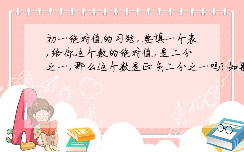 初一绝对值的习题,要填一个表,给你这个数的绝对值,是二分之一,那么这个数是正负二分之一吗?如果是的话那么他的绝对值是正负二分之一吗?喷子勿喷,不要灌水