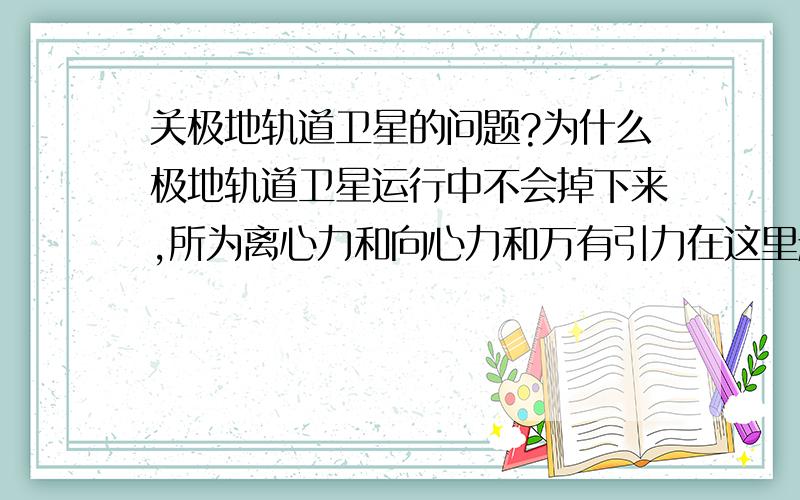 关极地轨道卫星的问题?为什么极地轨道卫星运行中不会掉下来,所为离心力和向心力和万有引力在这里起不起作用?..赤道上的卫星绕地球转是不是地球万有引力加上地球自转形成的?那么极地