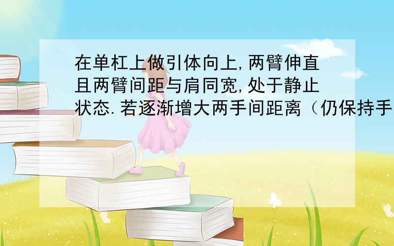 在单杠上做引体向上,两臂伸直且两臂间距与肩同宽,处于静止状态.若逐渐增大两手间距离（仍保持手臂伸直）,则手臂所受拉力T、手与单杠间摩擦力f变化情况正确的是（ 　）A．T变大,f变大