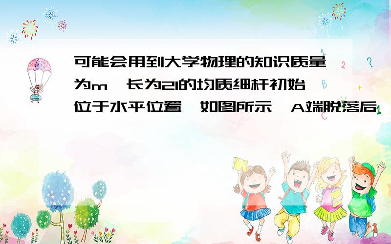 可能会用到大学物理的知识质量为m,长为2l的均质细杆初始位于水平位置,如图所示,A端脱落后,杆绕轴B转动,当杆转到铅垂位置时,B端约束力是多少?解答到mgl=1/2*1/3ml^2w^2,就不知如何解答了，难