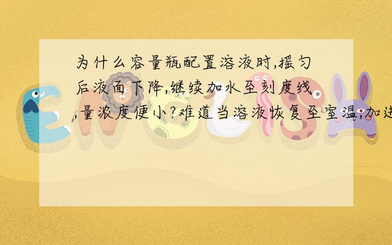 为什么容量瓶配置溶液时,摇匀后液面下降,继续加水至刻度线,量浓度便小?难道当溶液恢复至室温,加进容量瓶还是会引起容量瓶热涨?