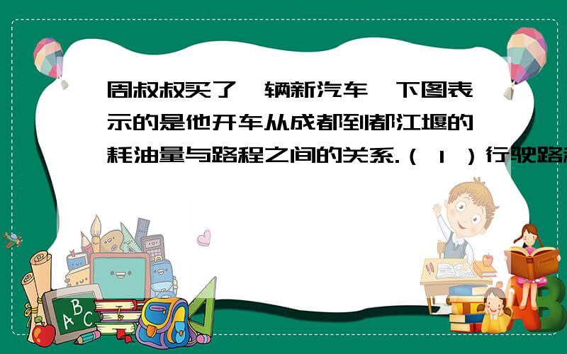 周叔叔买了一辆新汽车,下图表示的是他开车从成都到都江堰的耗油量与路程之间的关系.（ 1 ）行驶路程与耗油量成正比例吗? （ 2 ）成都到都江堰的路程是 50 km,汽车耗油多少升? （ 3 ）游完