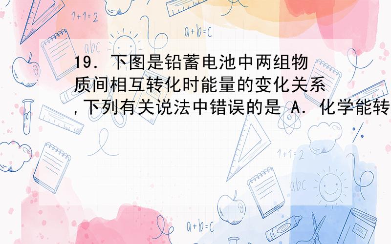 19．下图是铅蓄电池中两组物质间相互转化时能量的变化关系,下列有关说法中错误的是 A．化学能转变成电能过19．下图是铅蓄电池中两组物质间相互转化时能量的变化关系,下列有关说法中