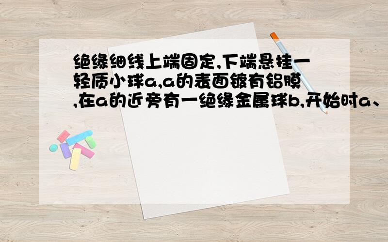 绝缘细线上端固定,下端悬挂一轻质小球a,a的表面镀有铝膜,在a的近旁有一绝缘金属球b,开始时a、b都不带带电,如图所示,现使b带电,则( ).(A)a、b之间不发生相互作用(B)b将吸引a,吸住后不放开(C)b