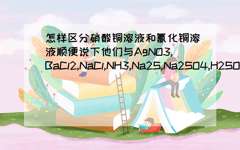 怎样区分硝酸铜溶液和氯化铜溶液顺便说下他们与AgNO3,BaCl2,NaCl,NH3,Na2S,Na2SO4,H2SO4反应有没有现象..