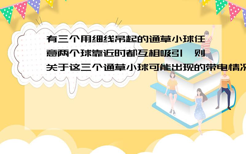 有三个用细线吊起的通草小球任意两个球靠近时都互相吸引,则关于这三个通草小球可能出现的带电情况,下列判断正确的是       (     )     A．两个带正电,一个带负电     B．一个带正电,一个带