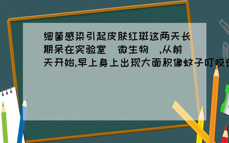 细菌感染引起皮肤红斑这两天长期呆在实验室（微生物）,从前天开始,早上身上出现大面积像蚊子叮咬的疙瘩,不过不到中午就消散了.昨天把所有床上用品漂洗了.但是从实验室回来手臂上开