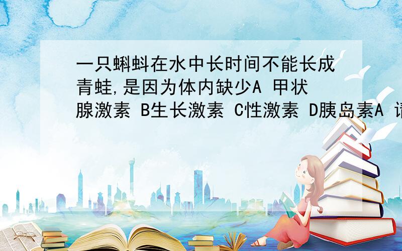 一只蝌蚪在水中长时间不能长成青蛙,是因为体内缺少A 甲状腺激素 B生长激素 C性激素 D胰岛素A 请说说理由吧~