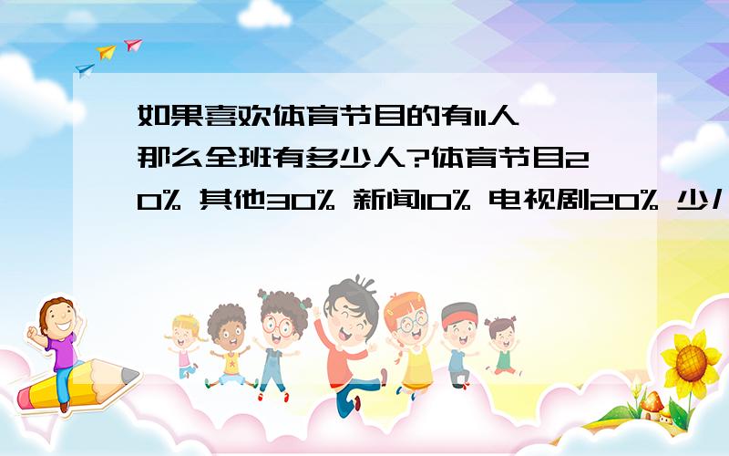 如果喜欢体育节目的有11人,那么全班有多少人?体育节目20% 其他30% 新闻10% 电视剧20% 少儿节目18%