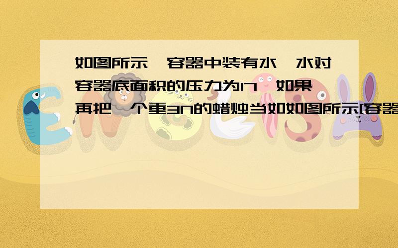 如图所示,容器中装有水,水对容器底面积的压力为17,如果再把一个重3N的蜡烛当如如图所示[容器上窄下宽.,容器中装有水,水对容器底面积的压力为17,如果再把一个重3N的蜡烛放入容器中,蜡块