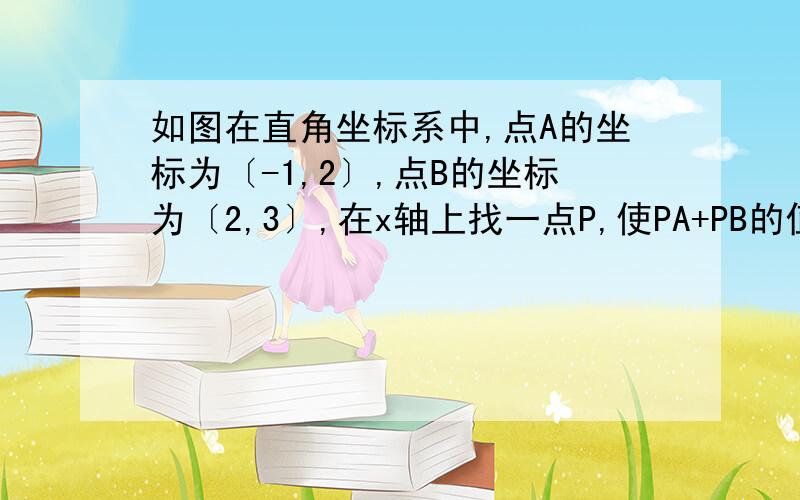 如图在直角坐标系中,点A的坐标为〔-1,2〕,点B的坐标为〔2,3〕,在x轴上找一点P,使PA+PB的值最小