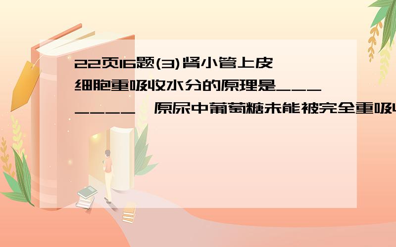 22页16题(3)肾小管上皮细胞重吸收水分的原理是_______,原尿中葡萄糖未能被完全重吸收从而导致尿量增加的原因是__________________.