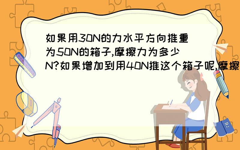 如果用30N的力水平方向推重为50N的箱子,摩擦力为多少N?如果增加到用40N推这个箱子呢,摩擦力又为多少?急