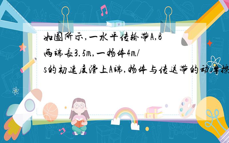 如图所示,一水平传输带A,B两端长3.5m,一物体4m/s的初速度滑上A端,物体与传送带的动摩擦因数为0.1,当传送带以2米每秒速度逆时针传动,物体从A到B时的速度.