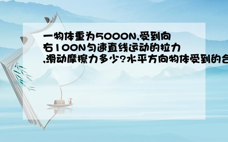 一物体重为5000N,受到向右100N匀速直线运动的拉力,滑动摩擦力多少?水平方向物体受到的合力是多少?