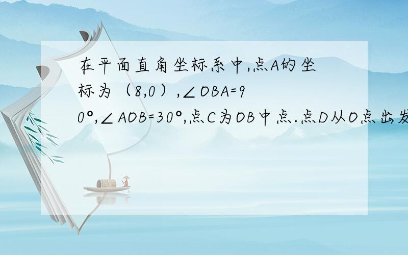 在平面直角坐标系中,点A的坐标为（8,0）,∠OBA=90°,∠AOB=30°,点C为OB中点.点D从O点出发,沿△OAB的三边按逆时针方向以2个单位长度/秒的速度运动一周,设点D的运动时间为T秒.（1)点E在线段AB上以1