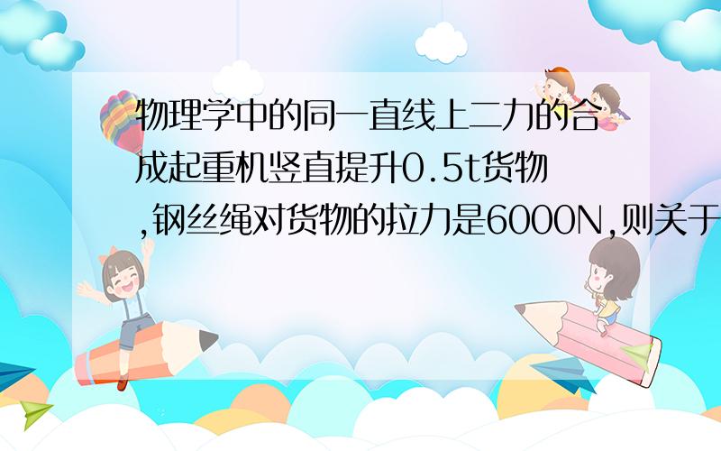 物理学中的同一直线上二力的合成起重机竖直提升0.5t货物,钢丝绳对货物的拉力是6000N,则关于货物所受外力的大小和方向方向竖直向下 ,正确的是（取g=10N/kg) A1000N,方向竖直向上 B1000N,方向竖