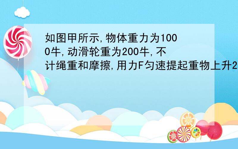 如图甲所示,物体重力为1000牛,动滑轮重为200牛,不计绳重和摩擦,用力F匀速提起重物上升2米,则拉力F甲为_________牛,绳子自由端移动的距离为_______米,若换用乙图,则拉力F乙为_____牛,绳子自由端