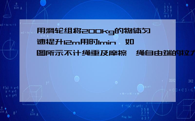 用滑轮组将200kg的物体匀速提升12m用时1min,如图所示不计绳重及摩擦,绳自由端的拉力为550N.求：（1）,绳自由端拉力移动的速度是多大?（2）,动滑轮重多大?这是图片